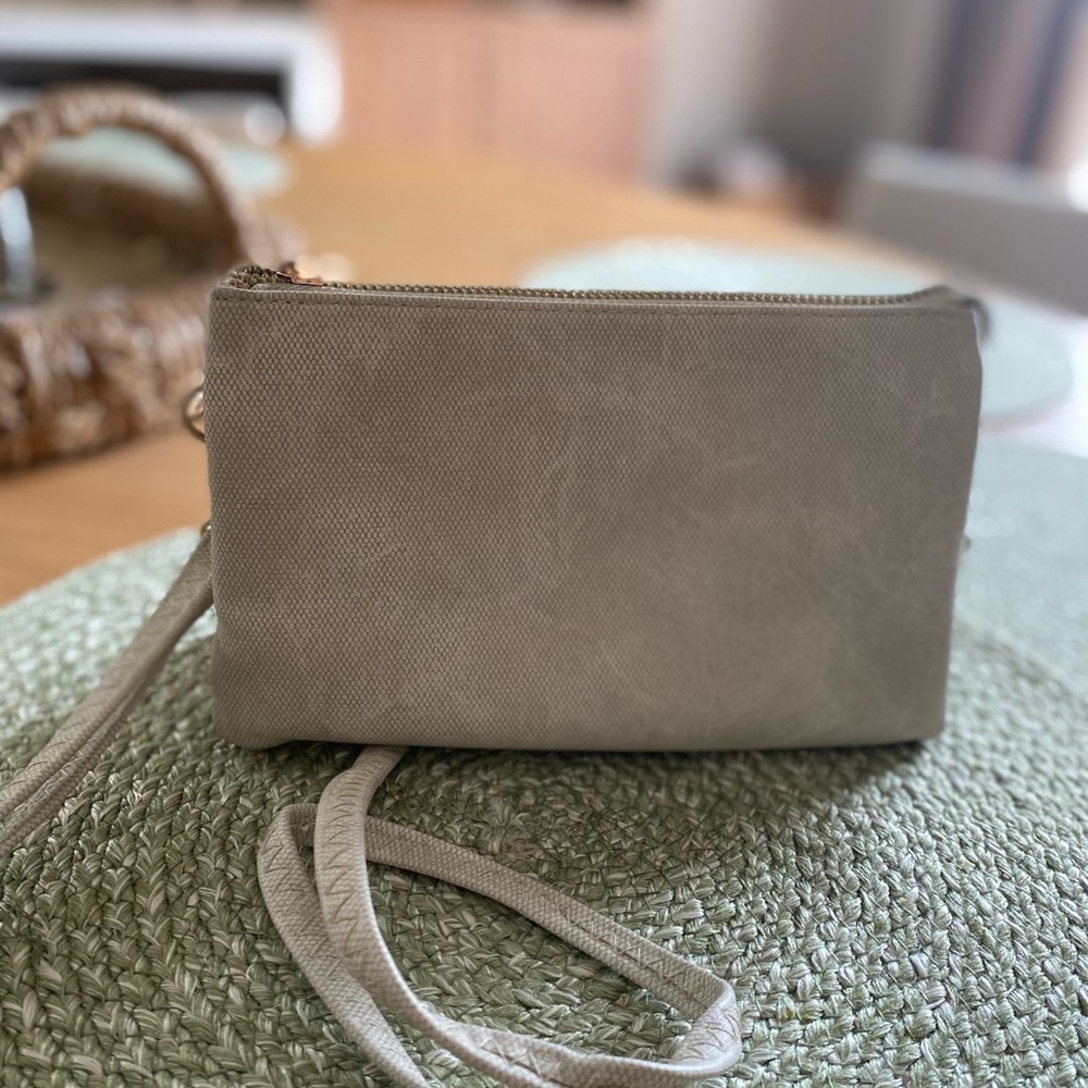 Tan Suede Clutch with Tassel Detail